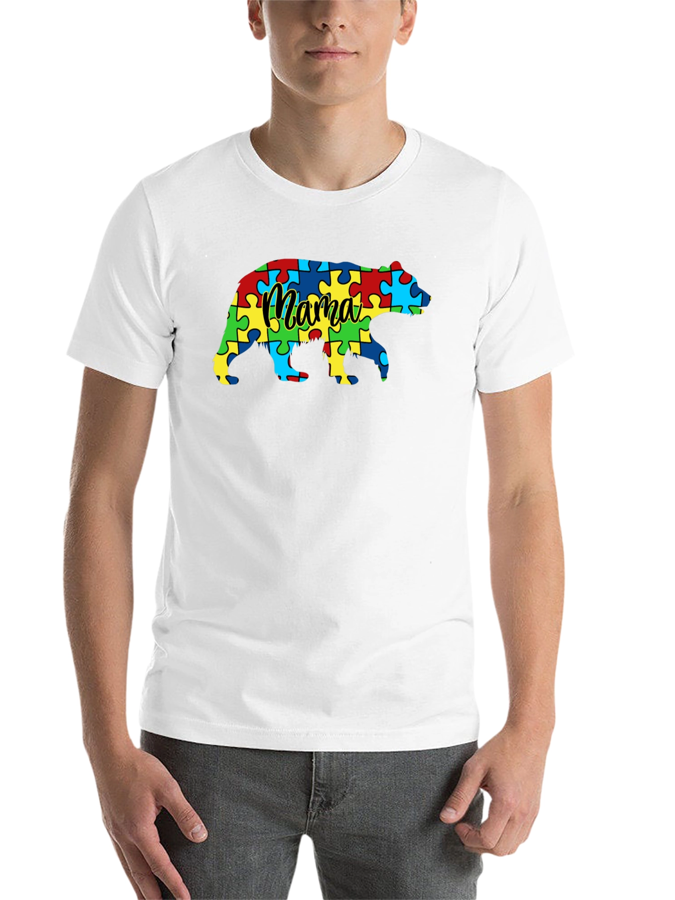 Black Mama Bear Autism Awareness Puzzle T-Shirt view 14