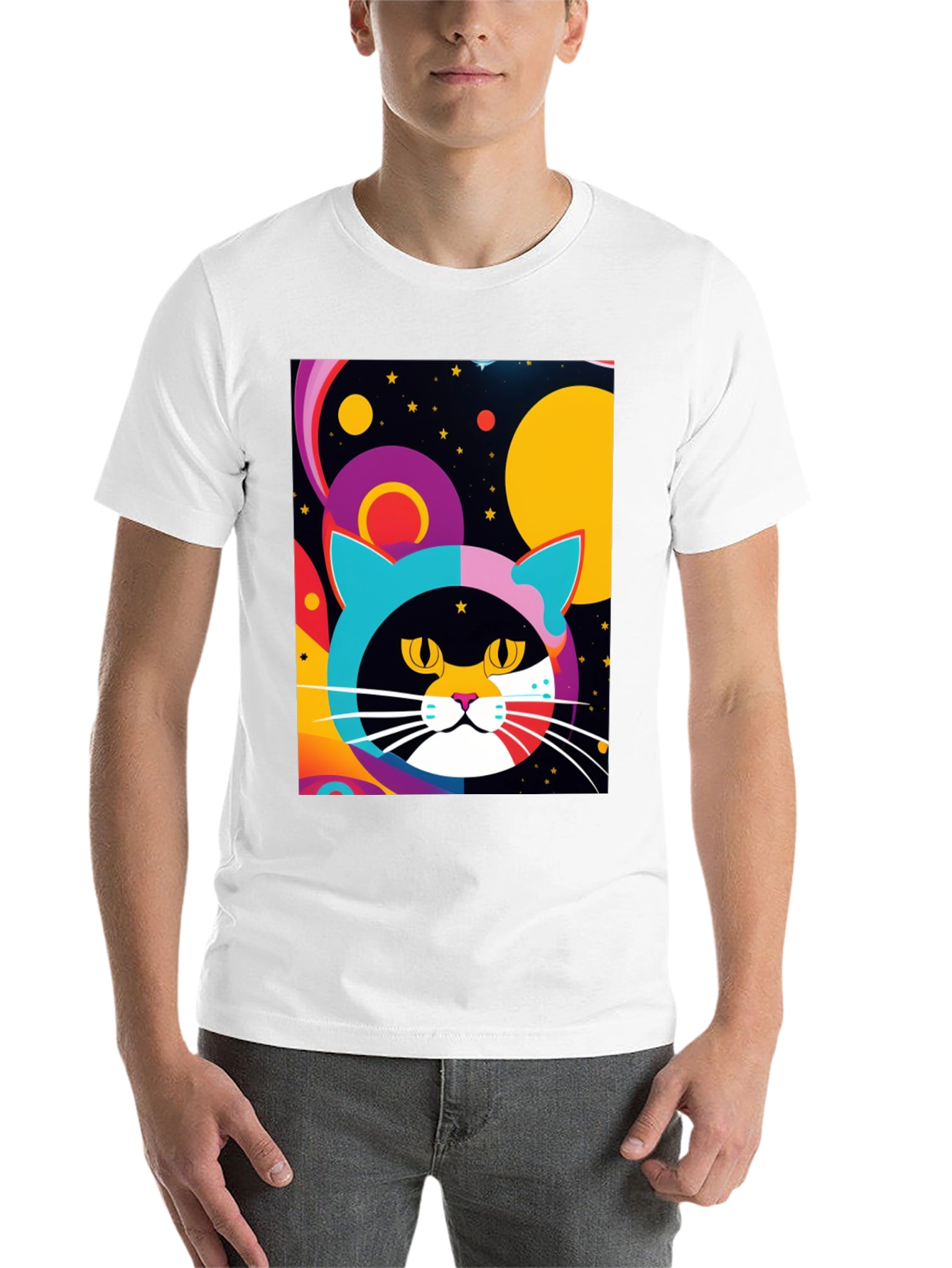 Black Psychedelic Cat T-Shirt - Colorful Retro Design view 14