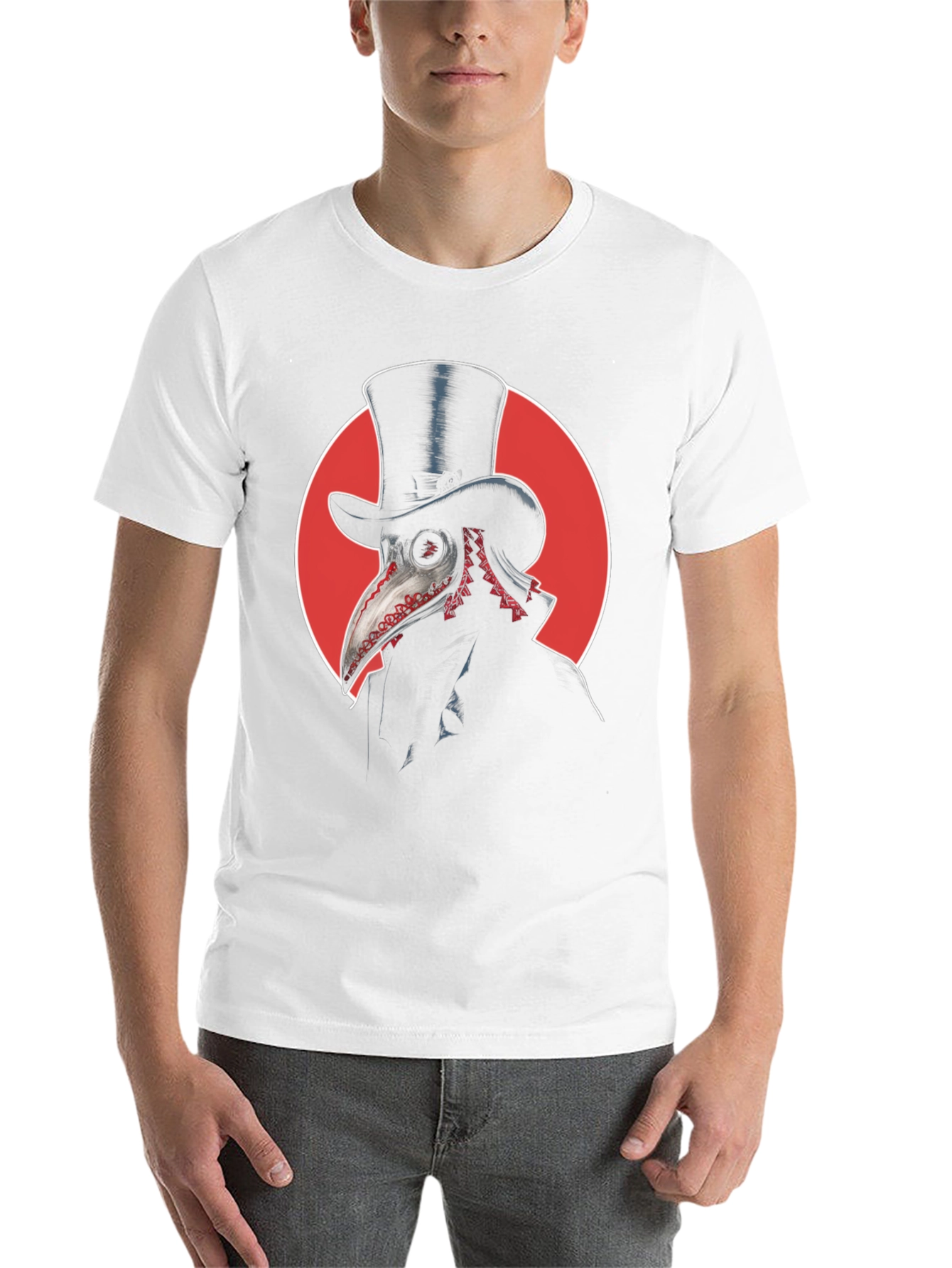 Black Plague Doctor Graphic Tee - Top Hat & Red Circle Design view 14