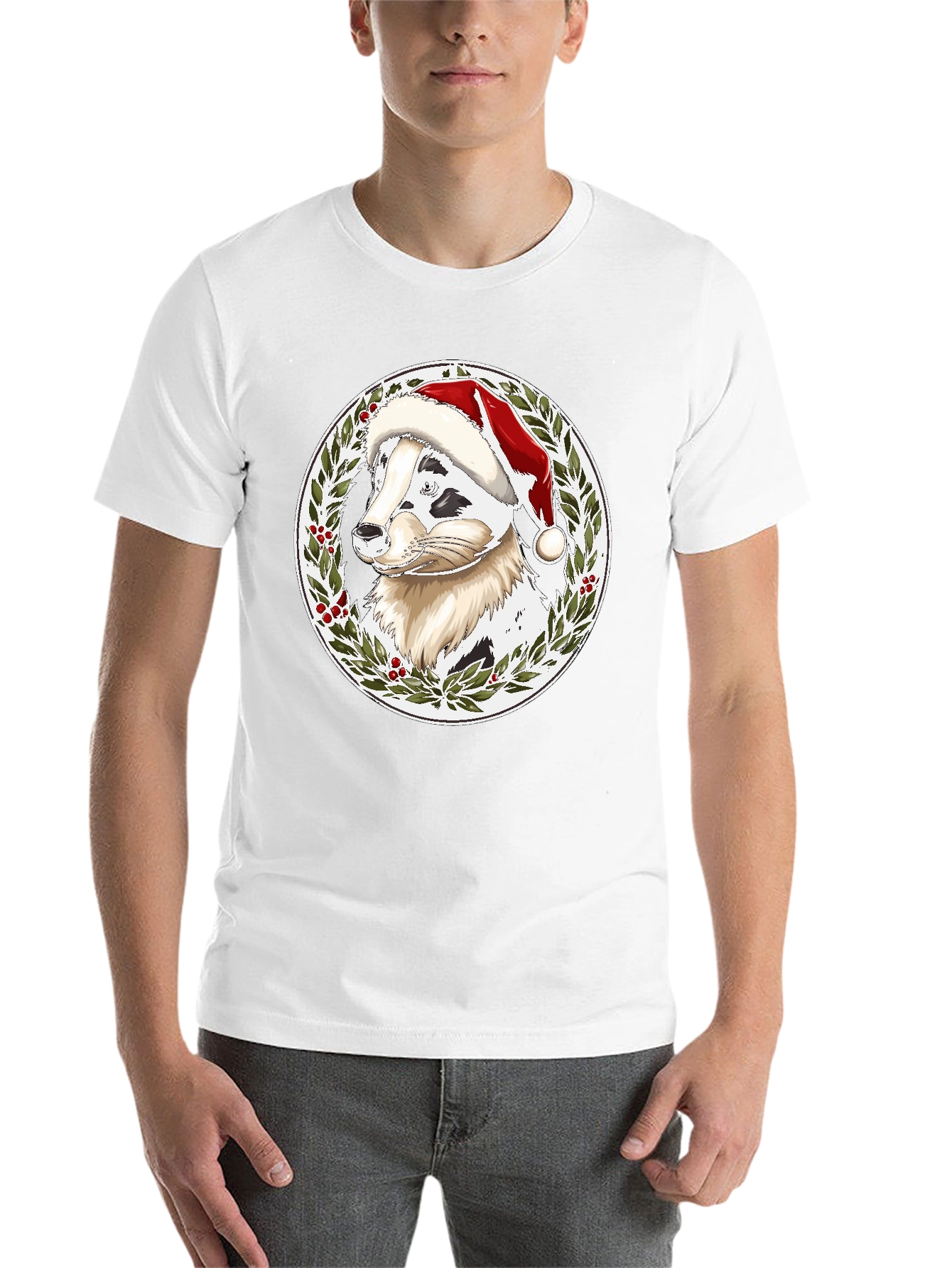 Black Festive Dog Santa Hat T-Shirt view 14