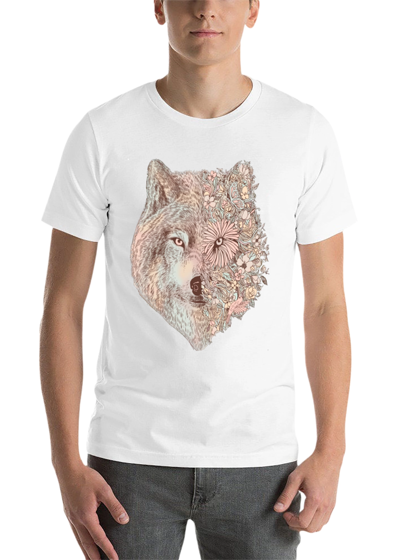 Black Floral Wolf Graphic Tee - Stylish Men's Black T-Shirt view 14