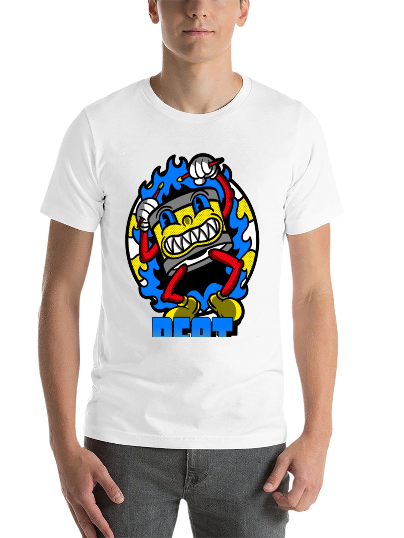 Black Retro Cartoon Drum Beat T-Shirt - Black Cotton view 14