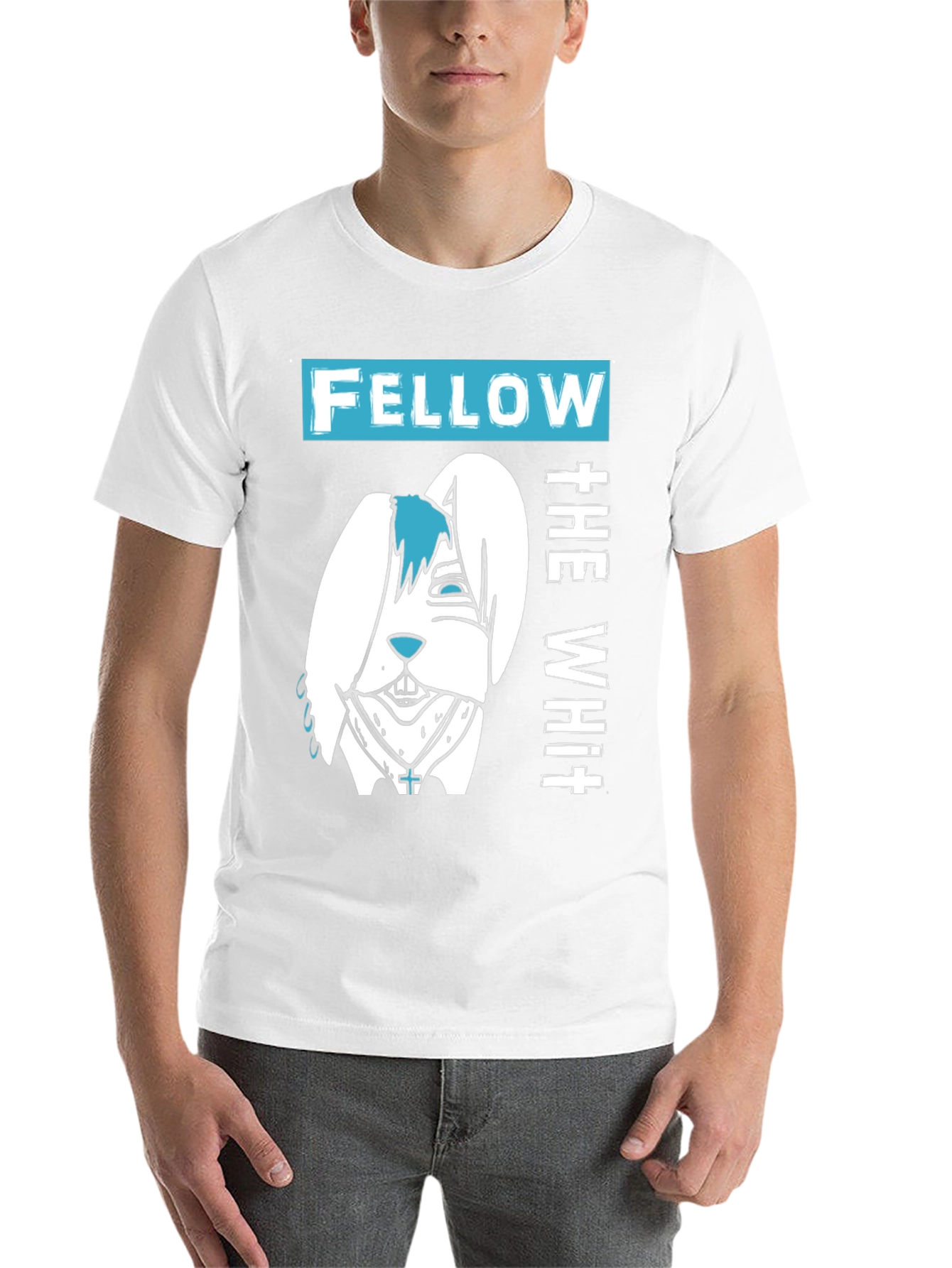 Black Fellow The White T-Shirt with Cartoon Bunny Design view 14