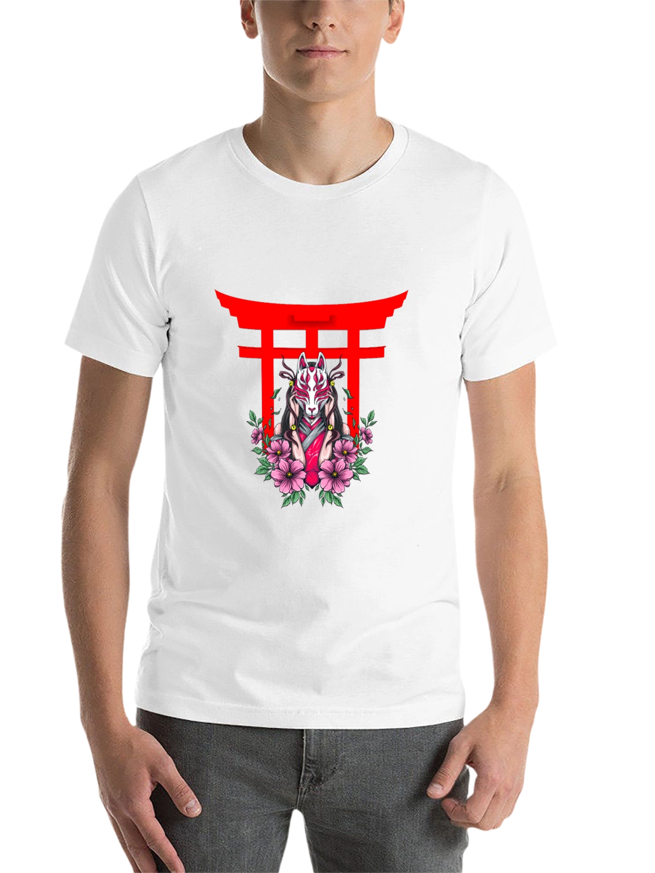 Black Black T-Shirt with Japanese Fox Mask Design view 14