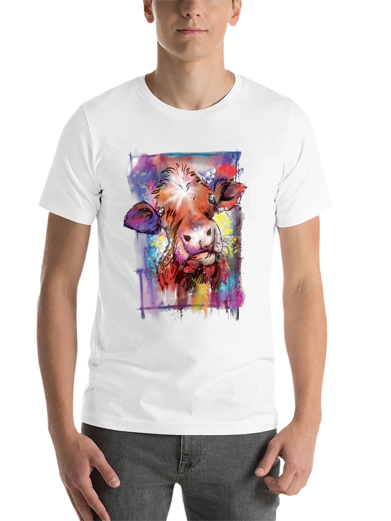Black Colorful Cow Art Graphic Print Black T-Shirt view 14