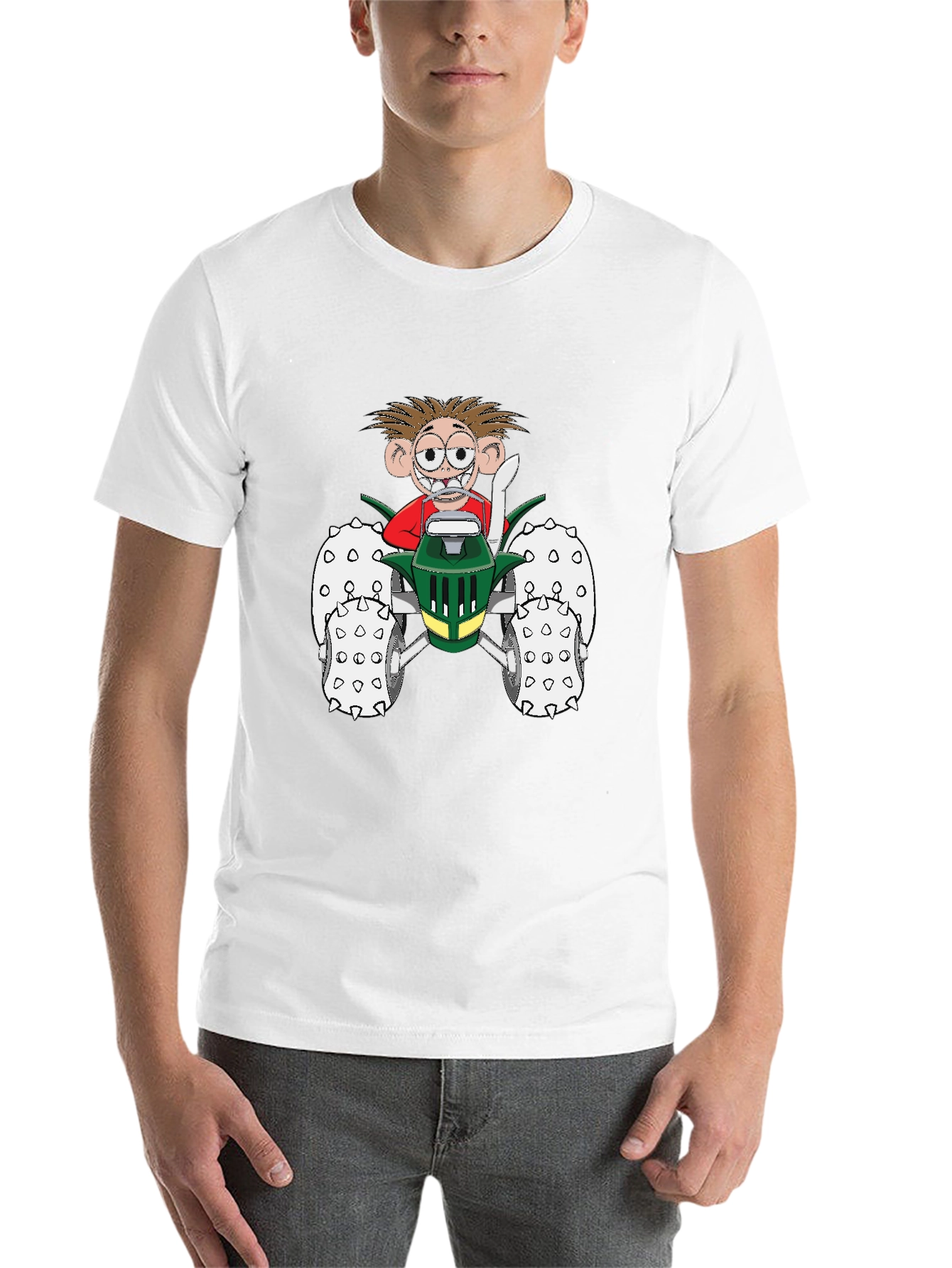 Cartoon Character on Tractor Black T-Shirt - 14