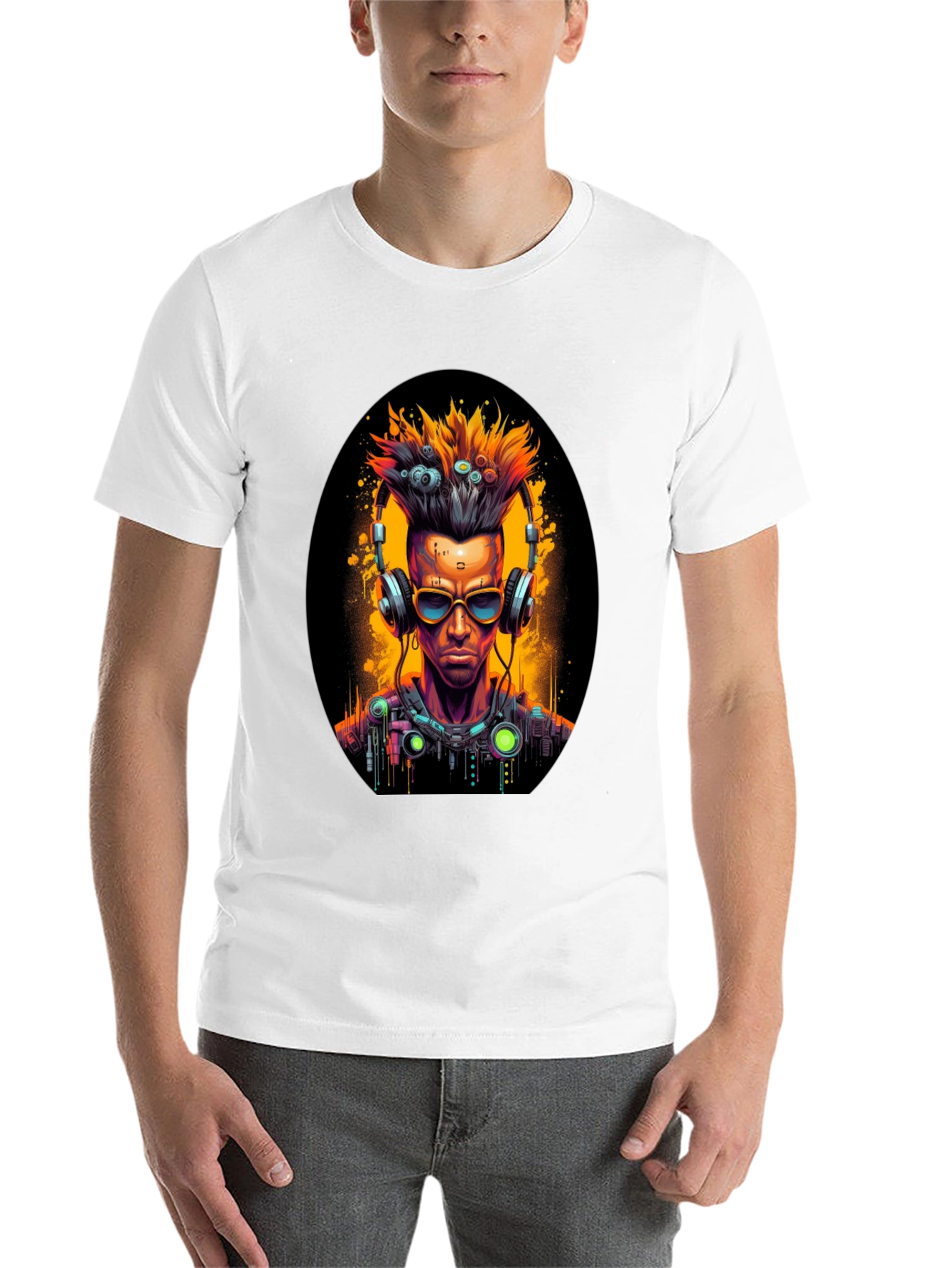 Black Cyberpunk Gamer T-Shirt: Futuristic Headphone Design view 14