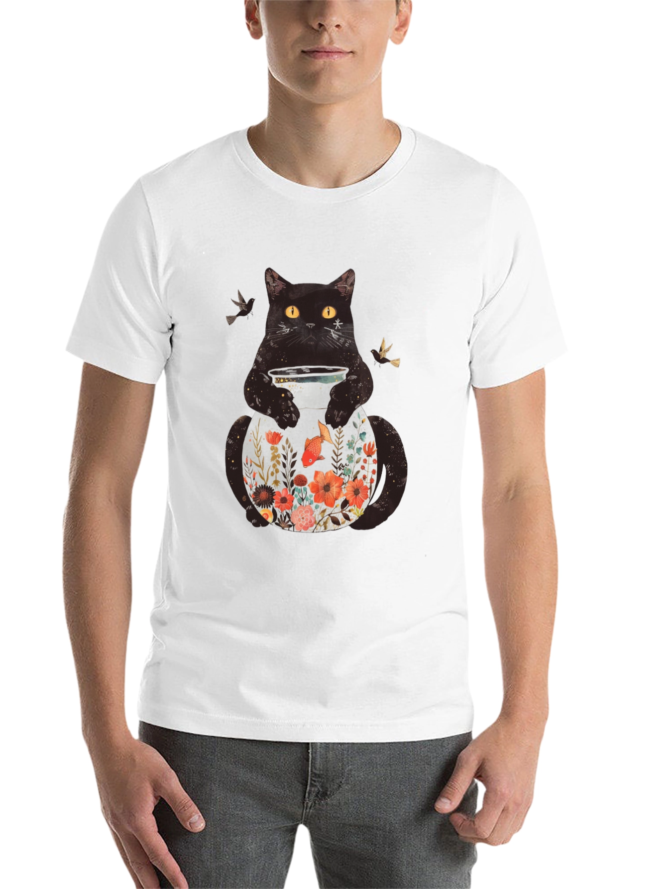 Black Floral Cat Graphic T-Shirt - Unique Animal Design view 14