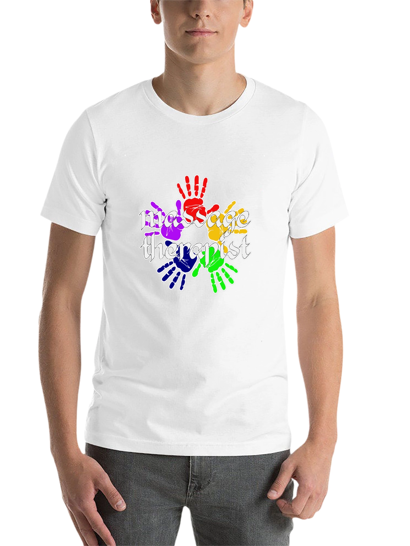 Black Massage Therapist Rainbow Handprint T-Shirt view 14