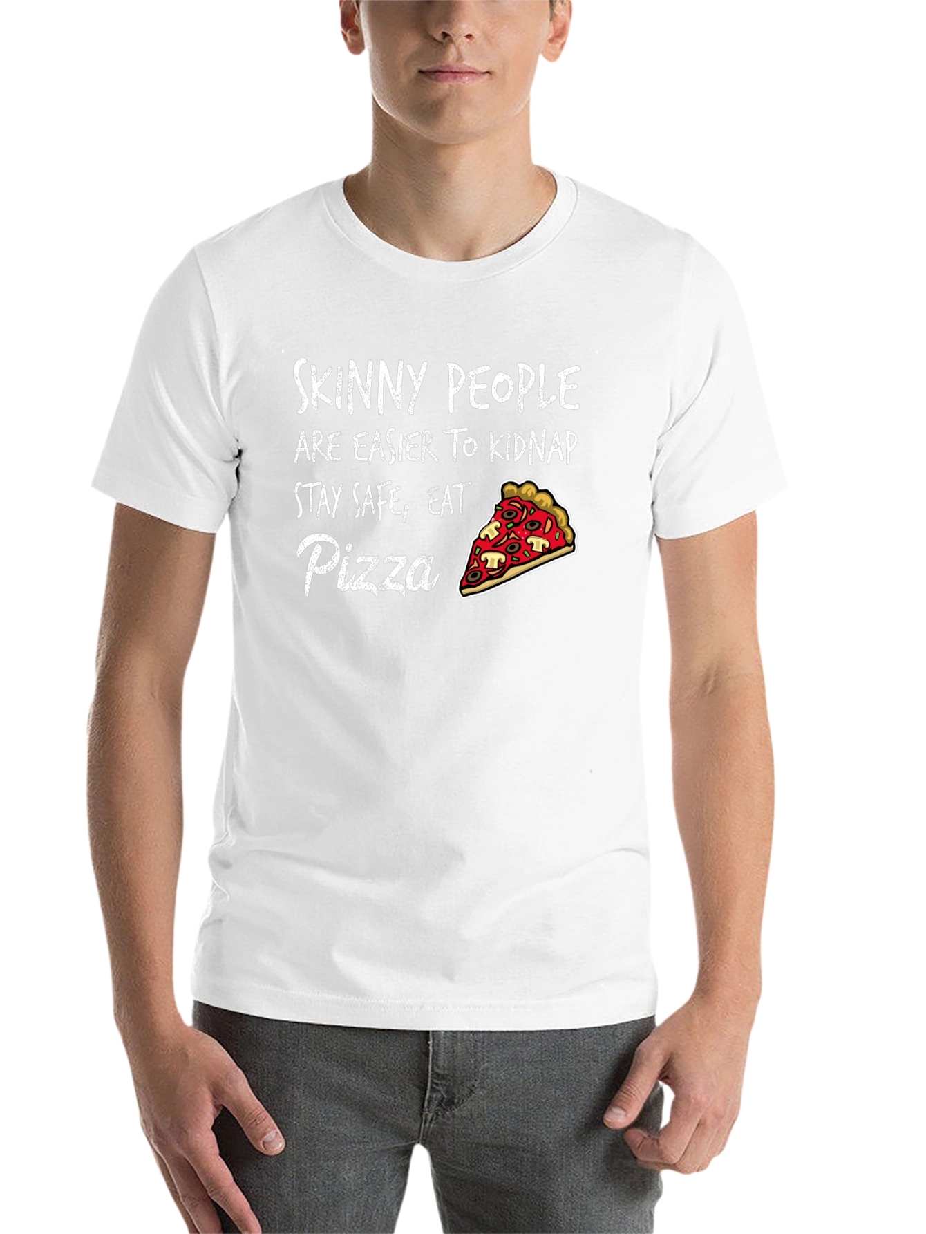 Black Skinny People Pizza Graphic Tee - Eat Pizza Stay Safe T-Shirt view 14