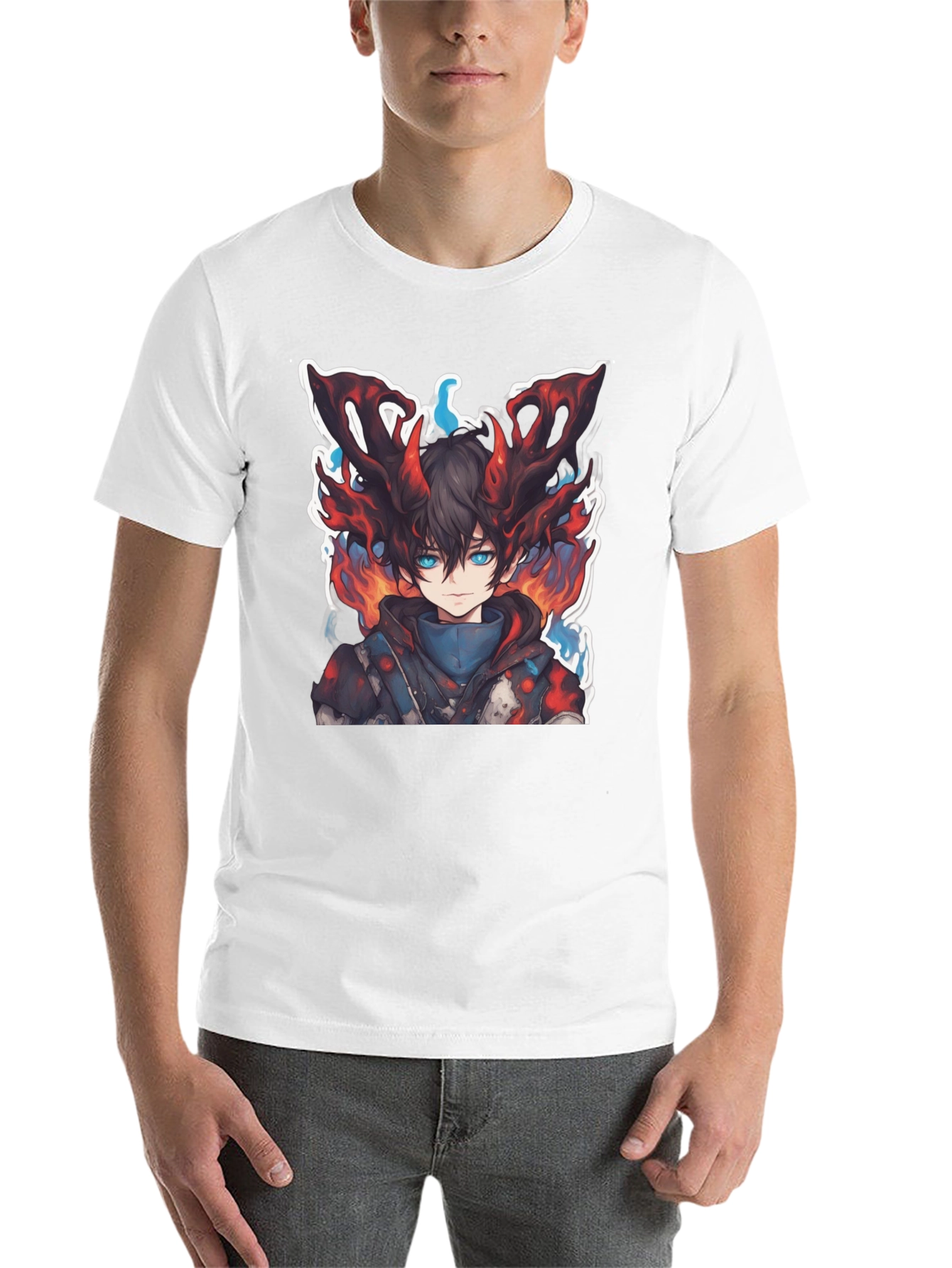 Black Anime Boy Graphic Tee - Fire Aura Design view 14