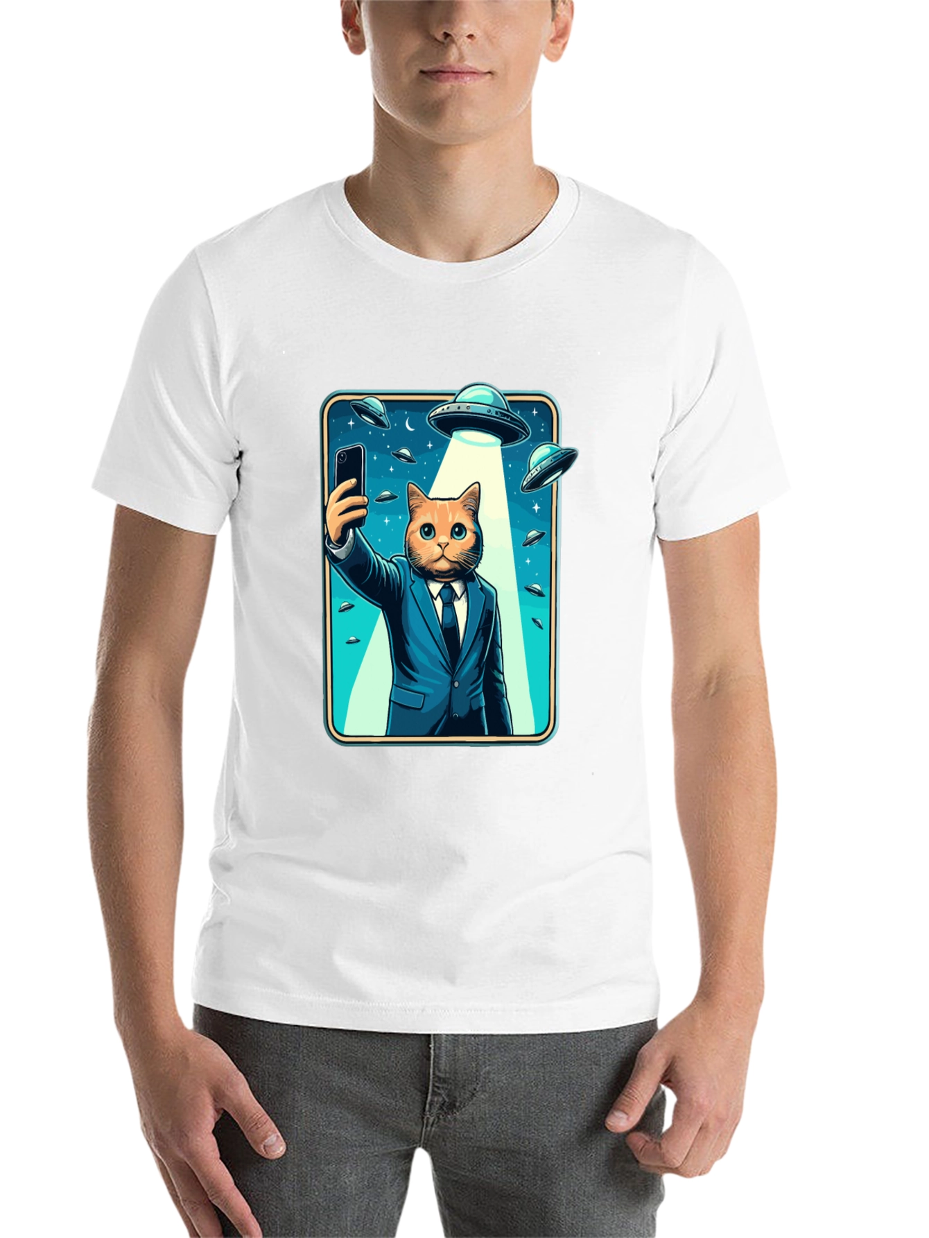 Black Cat in Suit UFO Selfie Graphic T-Shirt view 14