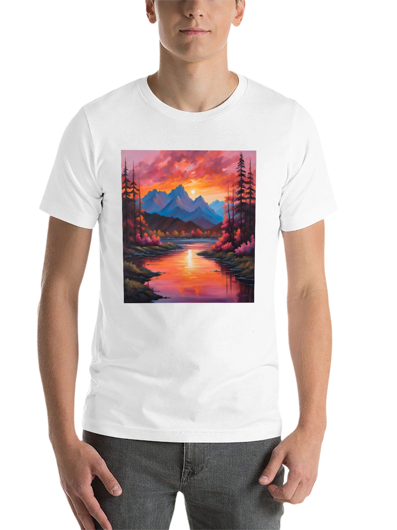 Black Sunset Mountain River Painting Graphic Tee view 14