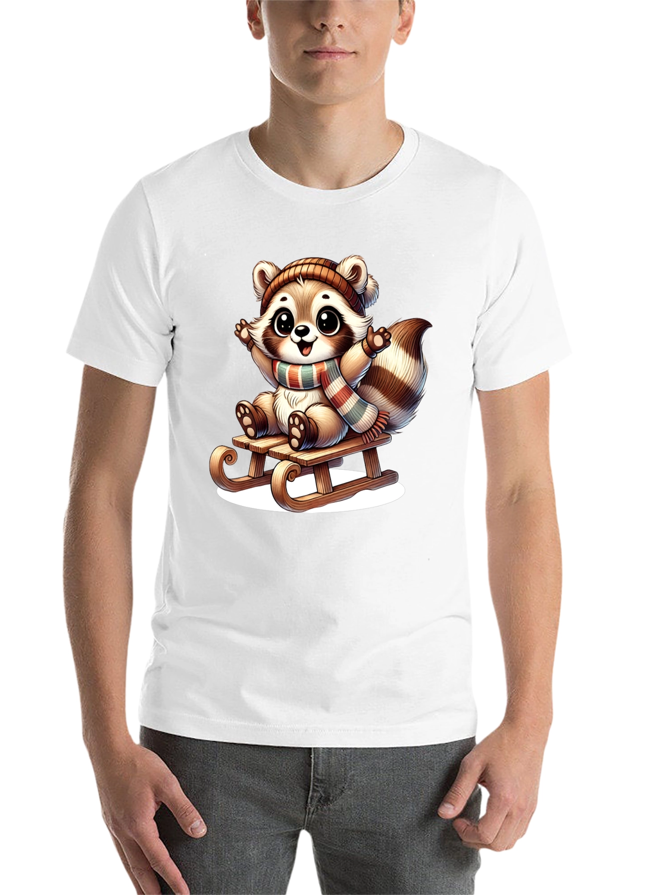 Black Cute Raccoon Sledding Graphic Tee view 14