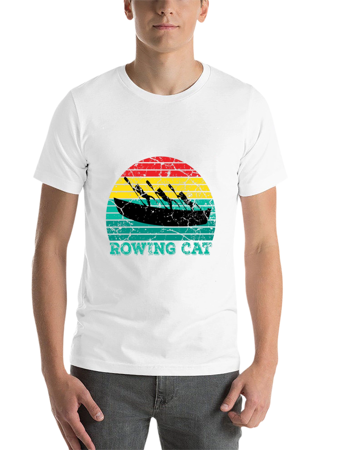 Black Rowing Cat T-Shirt - Vintage Style Tee view 14
