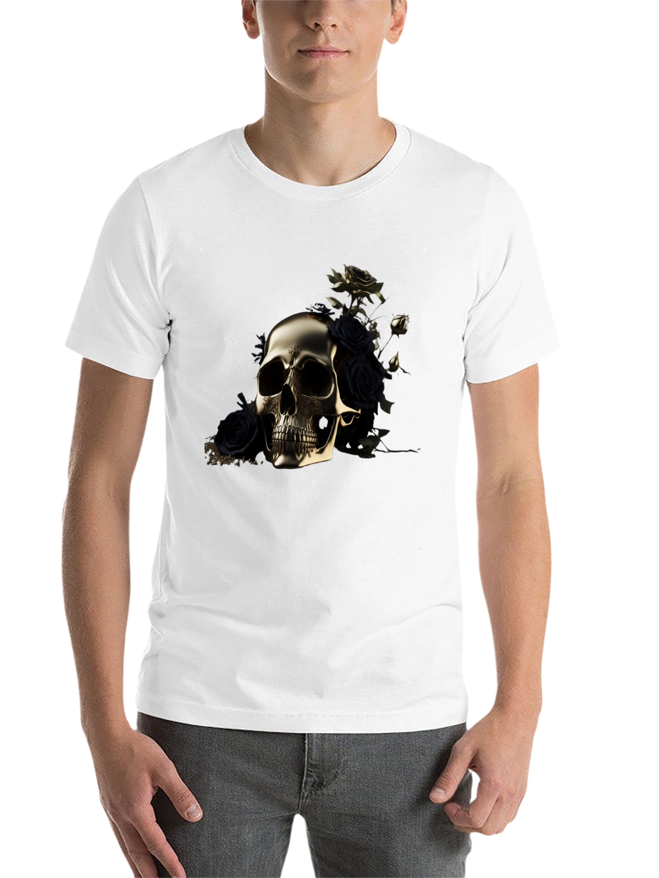 Black Golden Skull & Roses Graphic Tee view 14