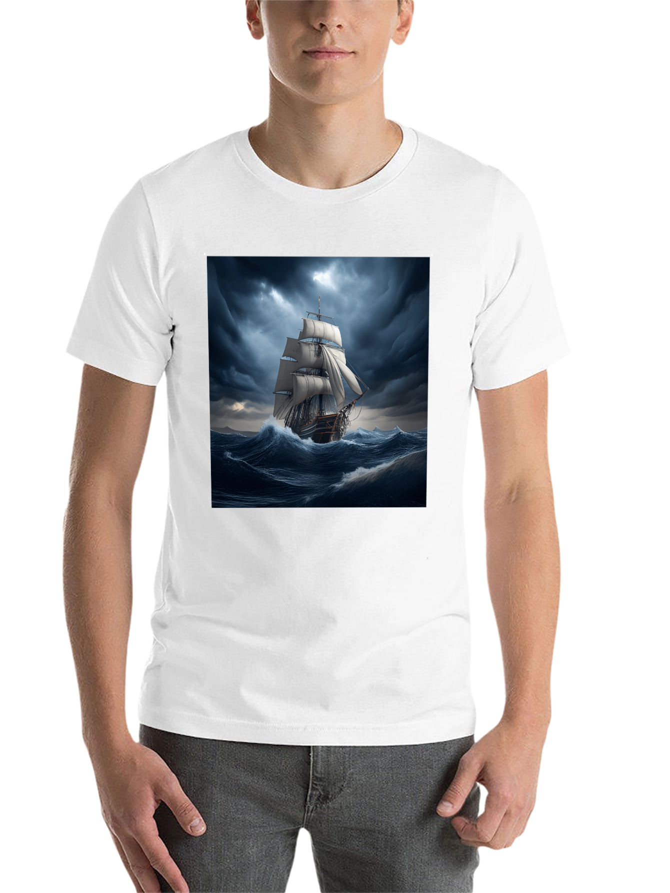 Black Nautical Storm Ship Graphic Tee - Black Cotton Blend view 14