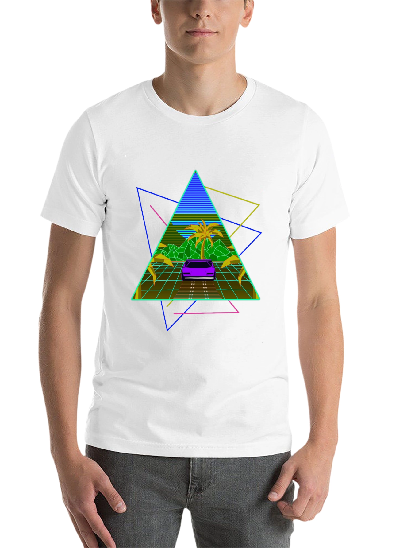 Black Retro Wave T-Shirt: 80s Style Car & Triangle Design view 14
