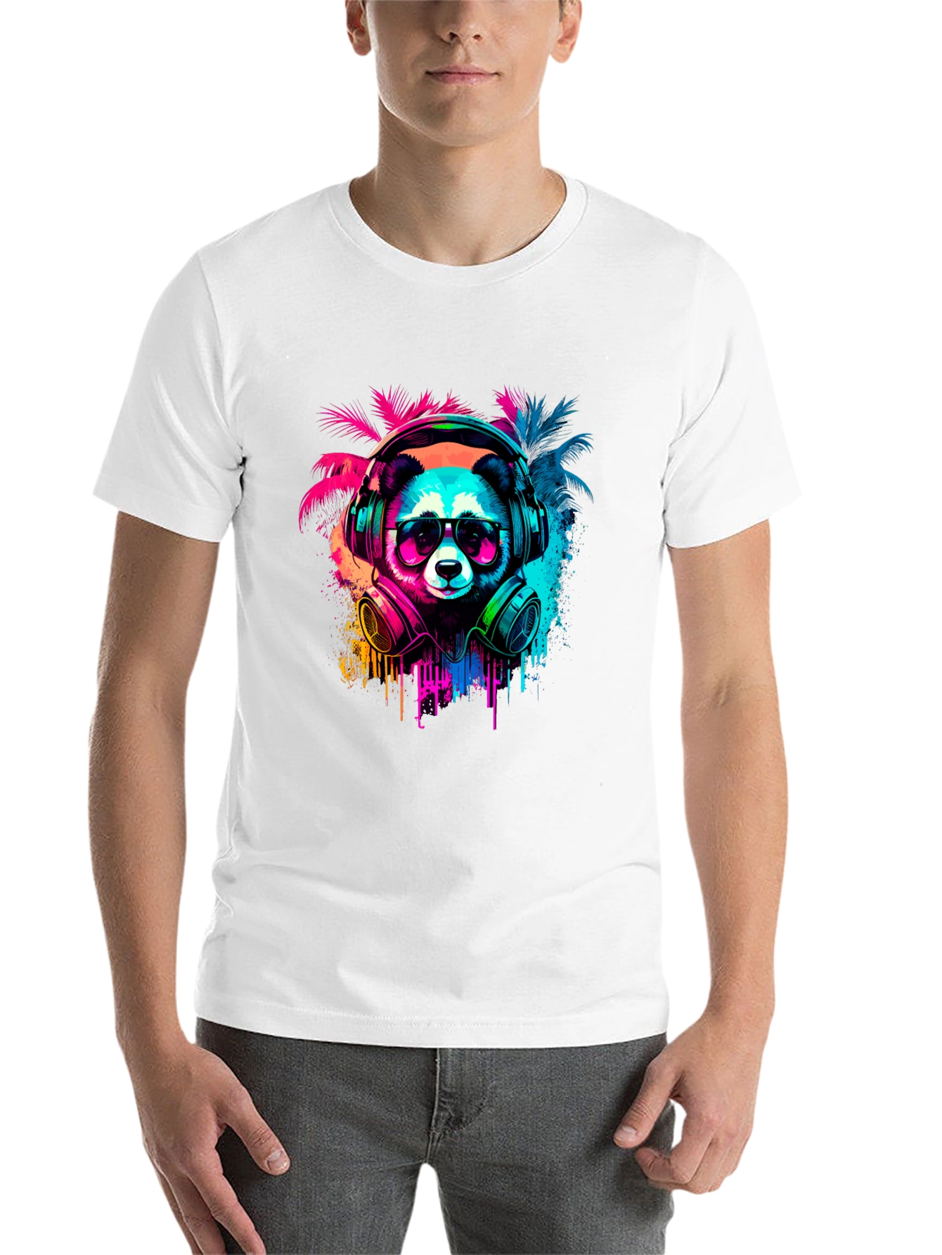 Black Neon Panda Headphones Graphic Tee view 14