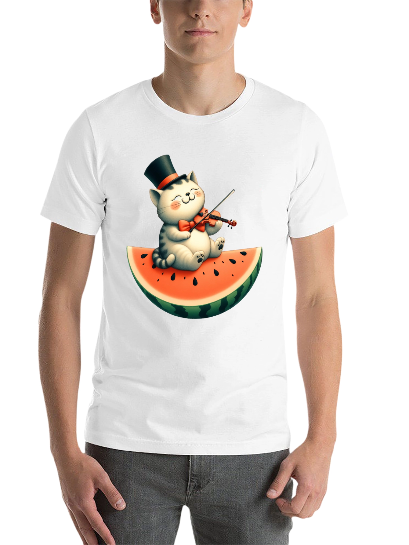 Black Cat Playing Violin on Watermelon Graphic Tee view 14