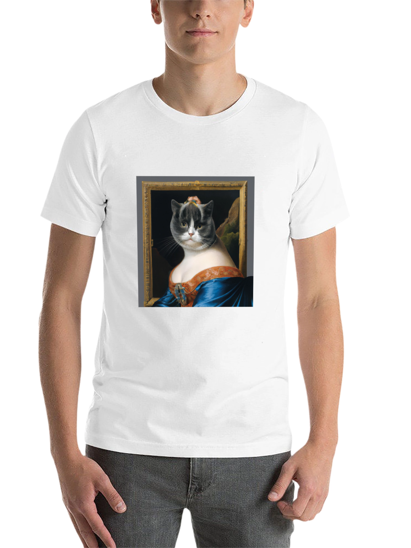 Black Mona Lisa Cat Portrait Graphic Tee - Black Cotton T-Shirt view 14