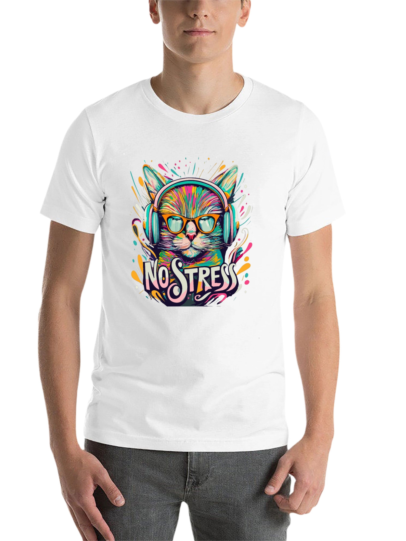 Black No Stress Cat T-Shirt view 14