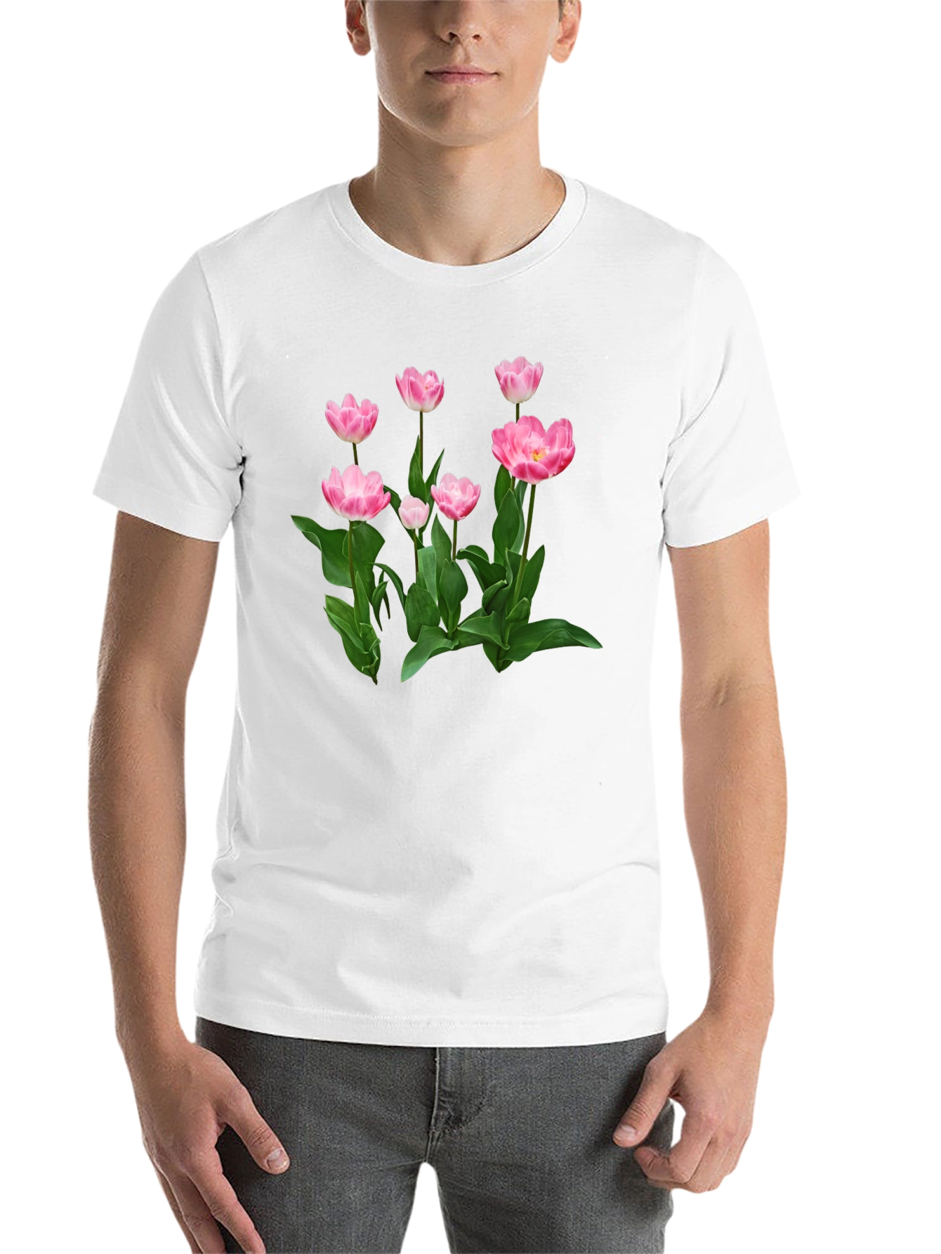 Black Floral Print T-Shirt - Pink Tulip Design view 14