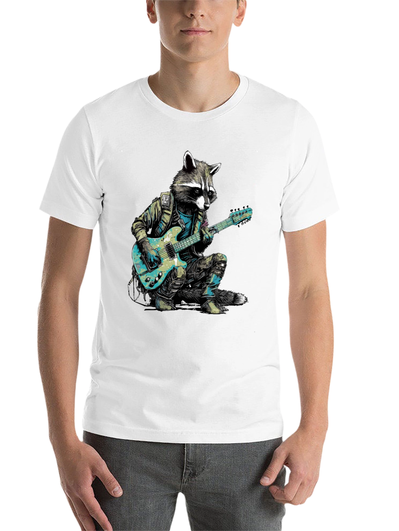 Black Raccoon Rocker Graphic Tee - Cool Animal Guitar T-Shirt view 14