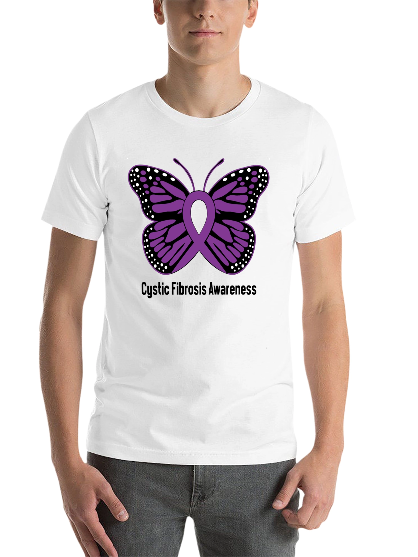 Black Cystic Fibrosis Awareness Butterfly Ribbon T-Shirt view 14