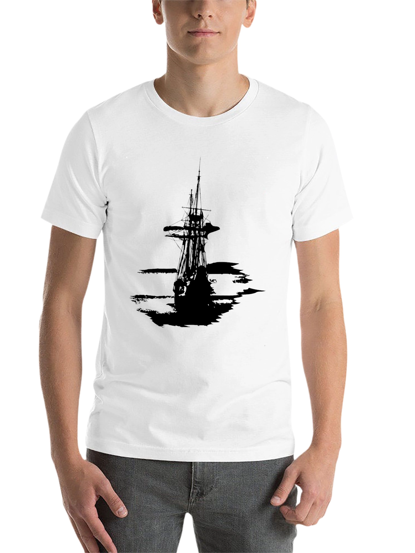 Men's Black T-Shirt with Pirate Ship Graphic - 14