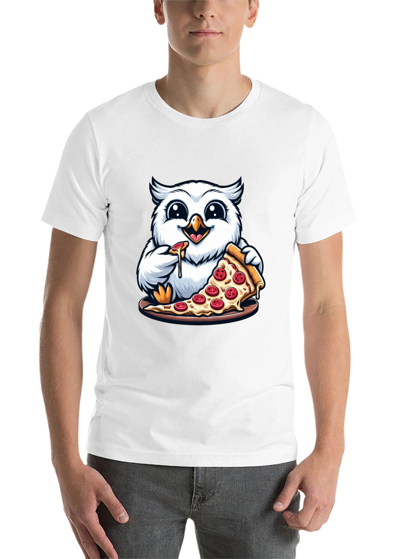 Black Owl Pizza Lover T-Shirt - Cute Cartoon Graphic Tee view 14