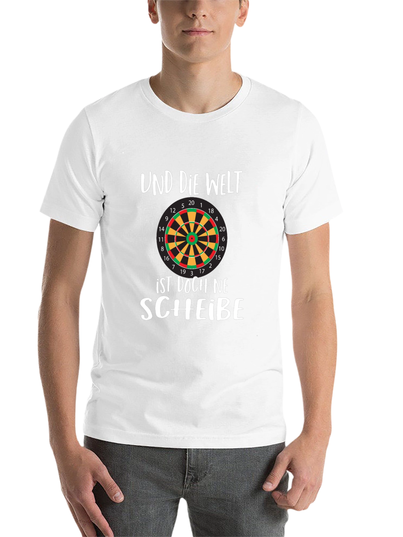 Black Humorous Dartboard T-Shirt - 'Und Die Welt' Design view 14