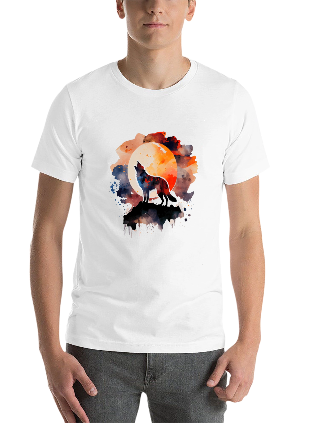 Black Wolf Howling Moon Watercolor Graphic Tee - Black view 14