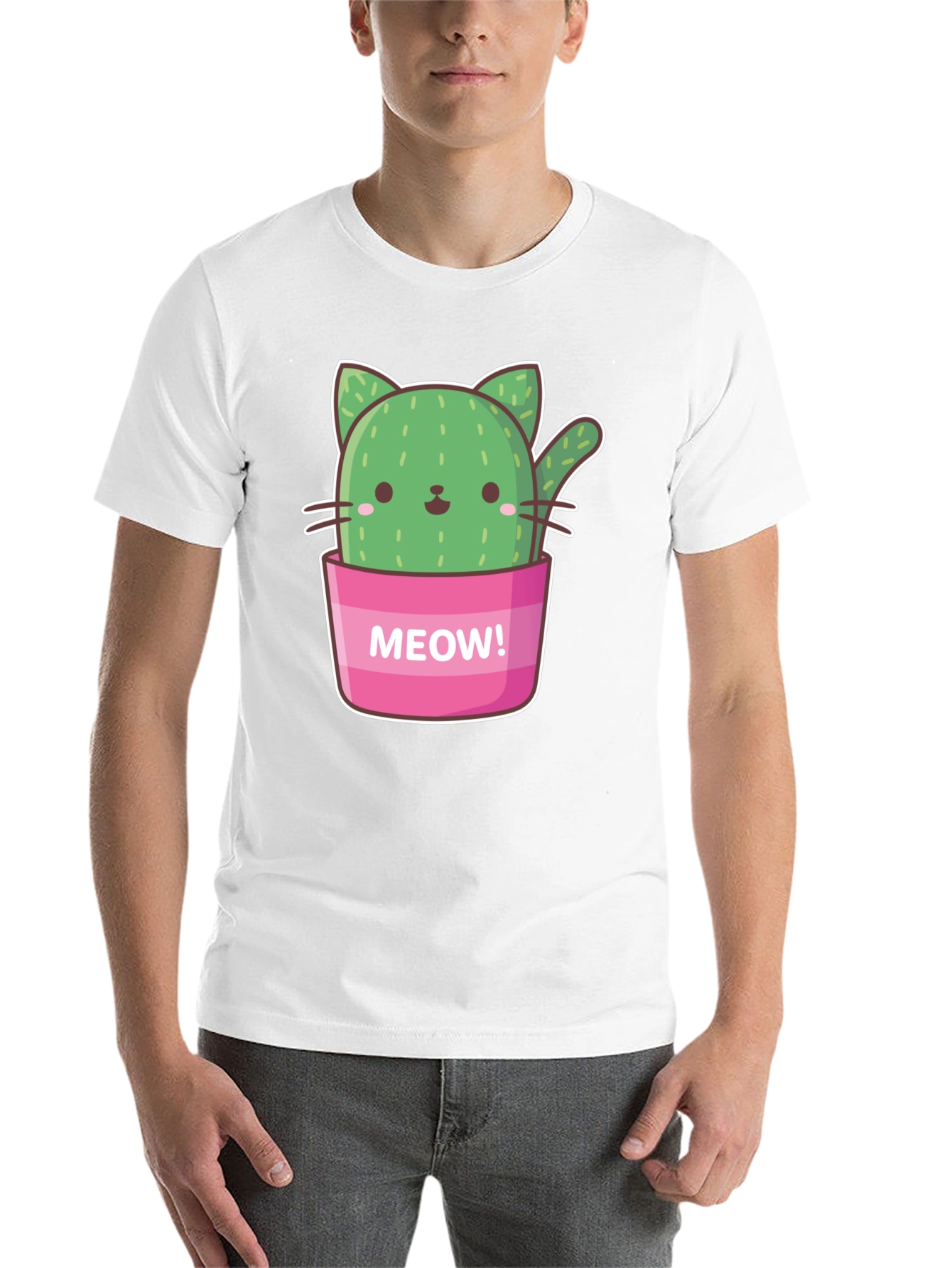Black Cactus Cat Graphic T-Shirt - "Meow!" Design view 14