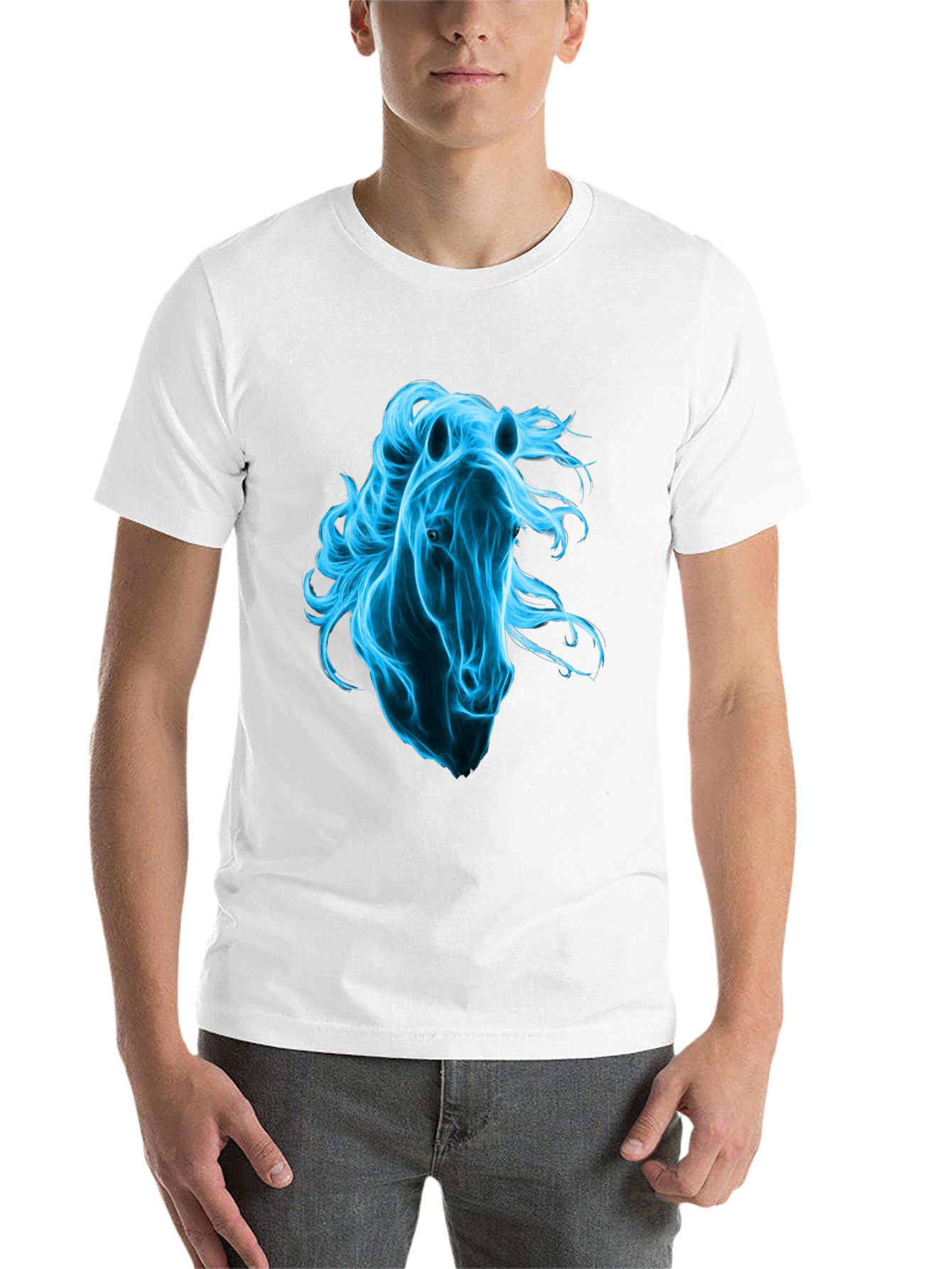 Black Men's Black T-Shirt with Blue Horse Graphic view 14