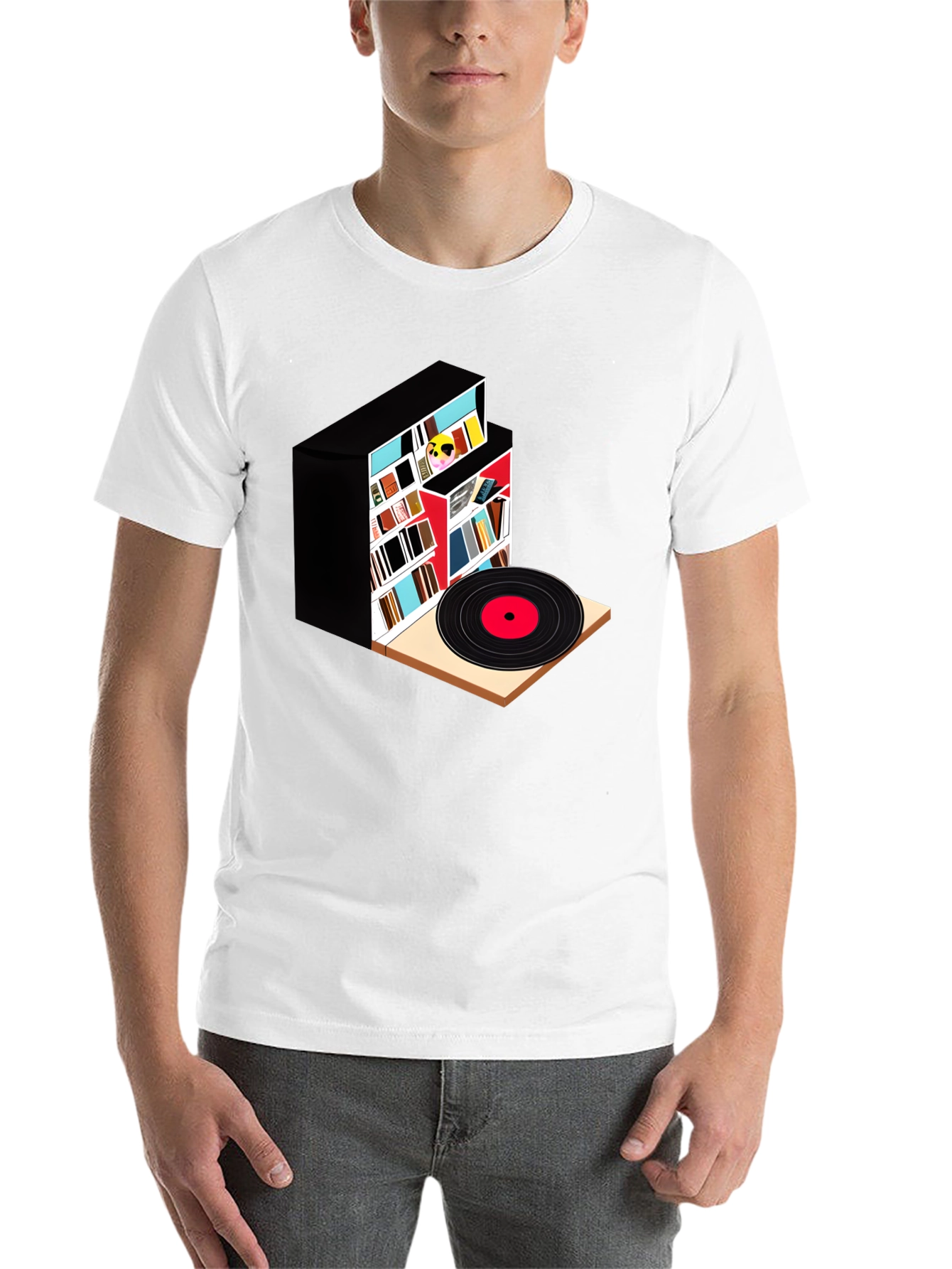 Black Bookcase and Vinyl Record T-Shirt view 14