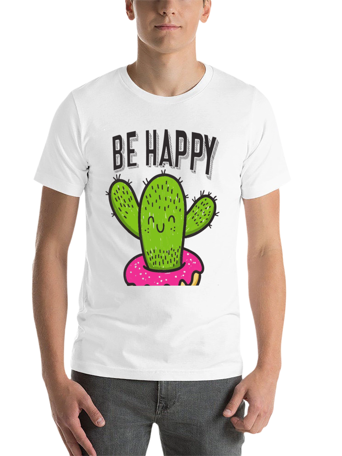 Black Be Happy Cactus Doughnut Graphic T-Shirt view 14