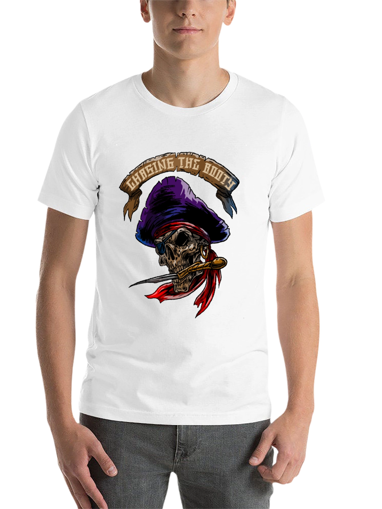 Black Chasing The Booty Pirate Skull Graphic T-Shirt view 14