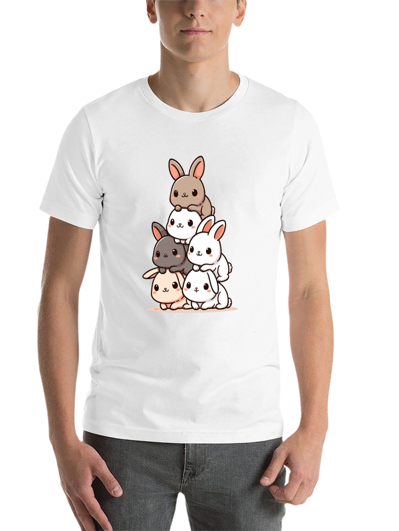 Cute Bunny Stack Graphic Tee - Black Cotton Blend - 14