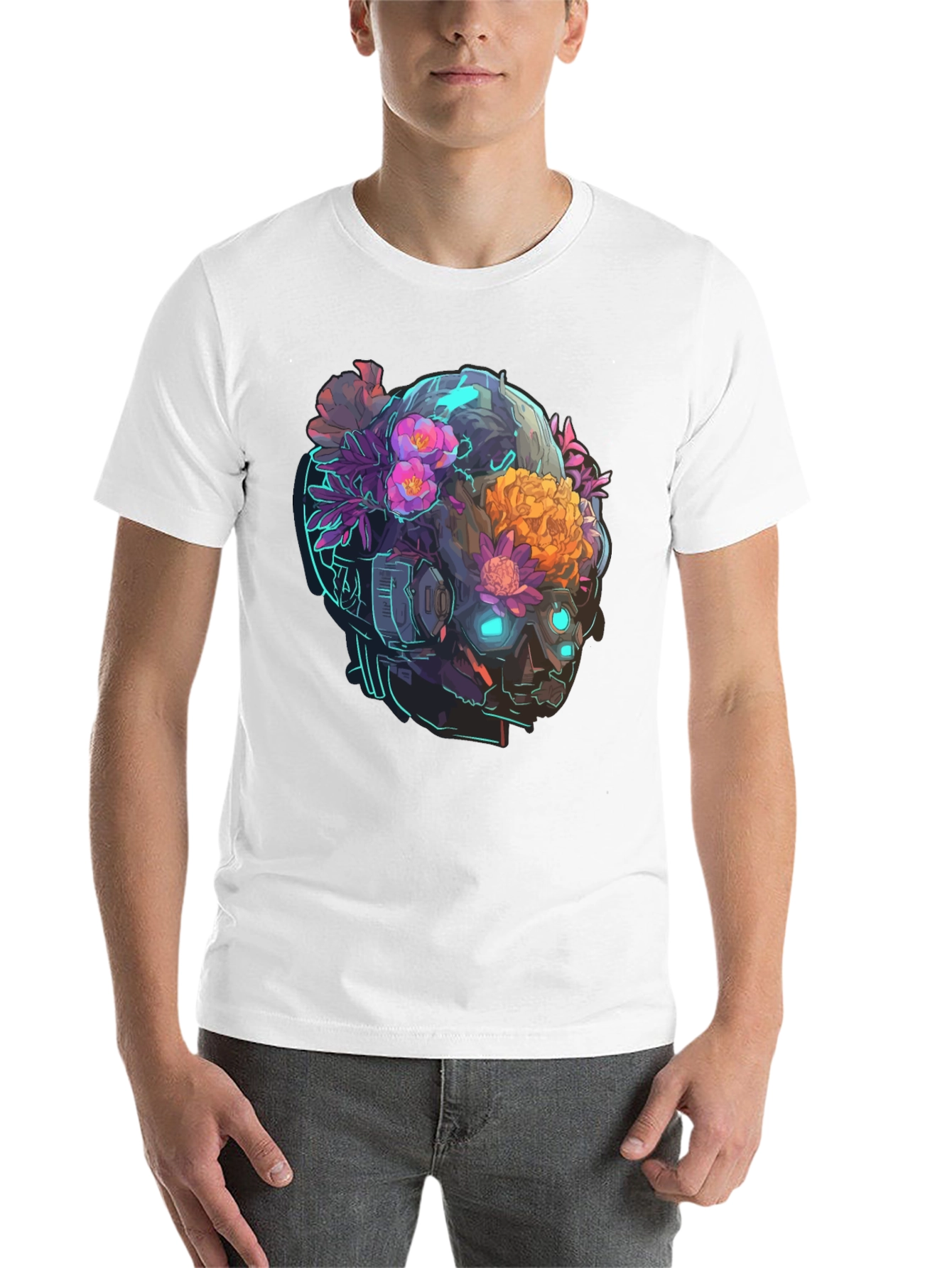 Black Floral Cyberpunk Skull T-Shirt - Unique Graphic Tee view 14