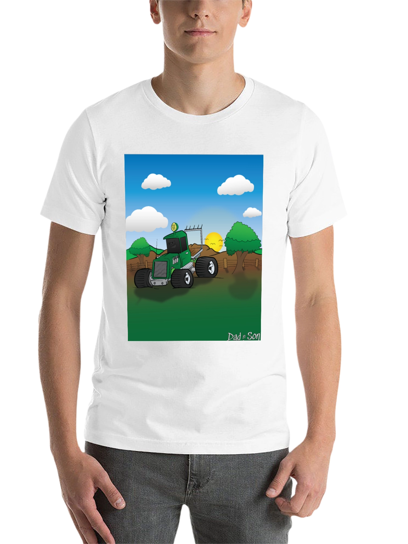 Black Dad n Son Cartoon Tractor Graphic T-Shirt view 14