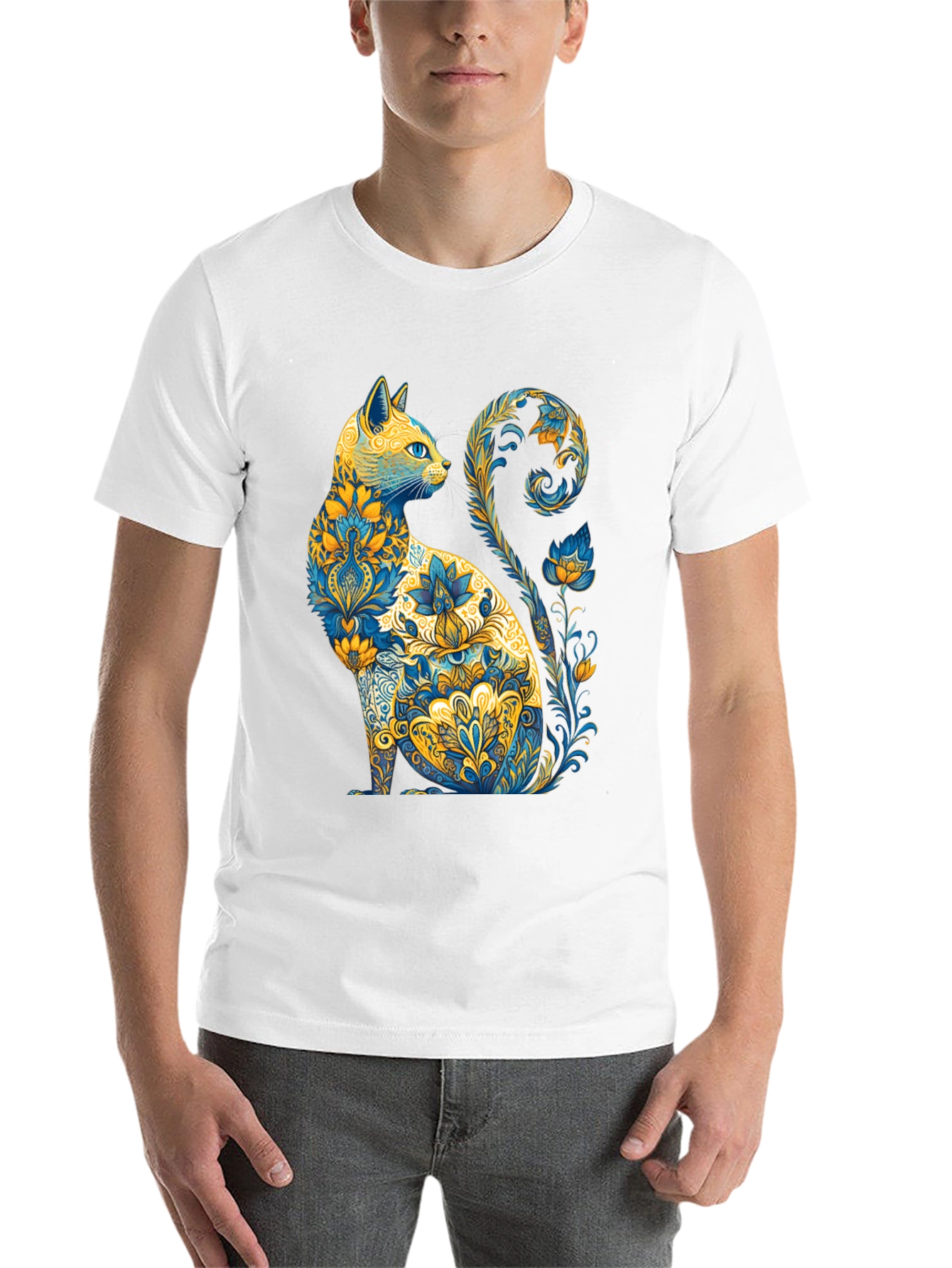 Black Floral Cat Graphic T-Shirt - Unique Design view 14
