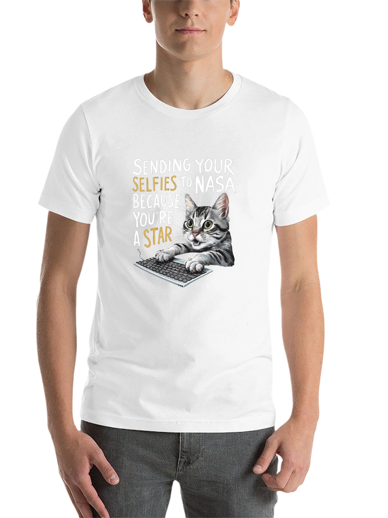 Black Funny Cat T-Shirt - Sending Selfies to NASA view 14