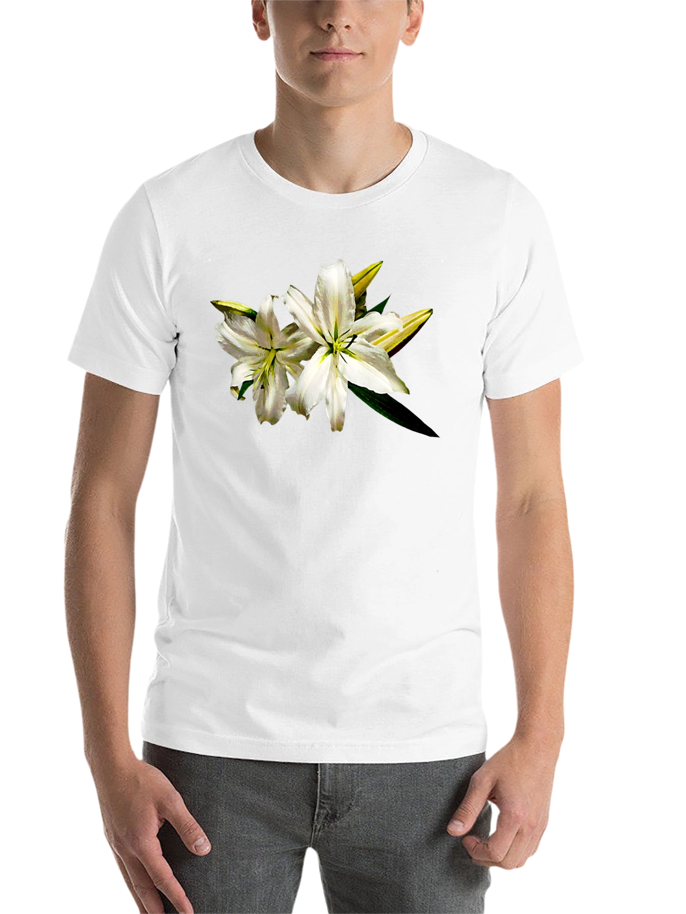 Black White Lily Graphic Tee - Black Cotton T-Shirt view 14