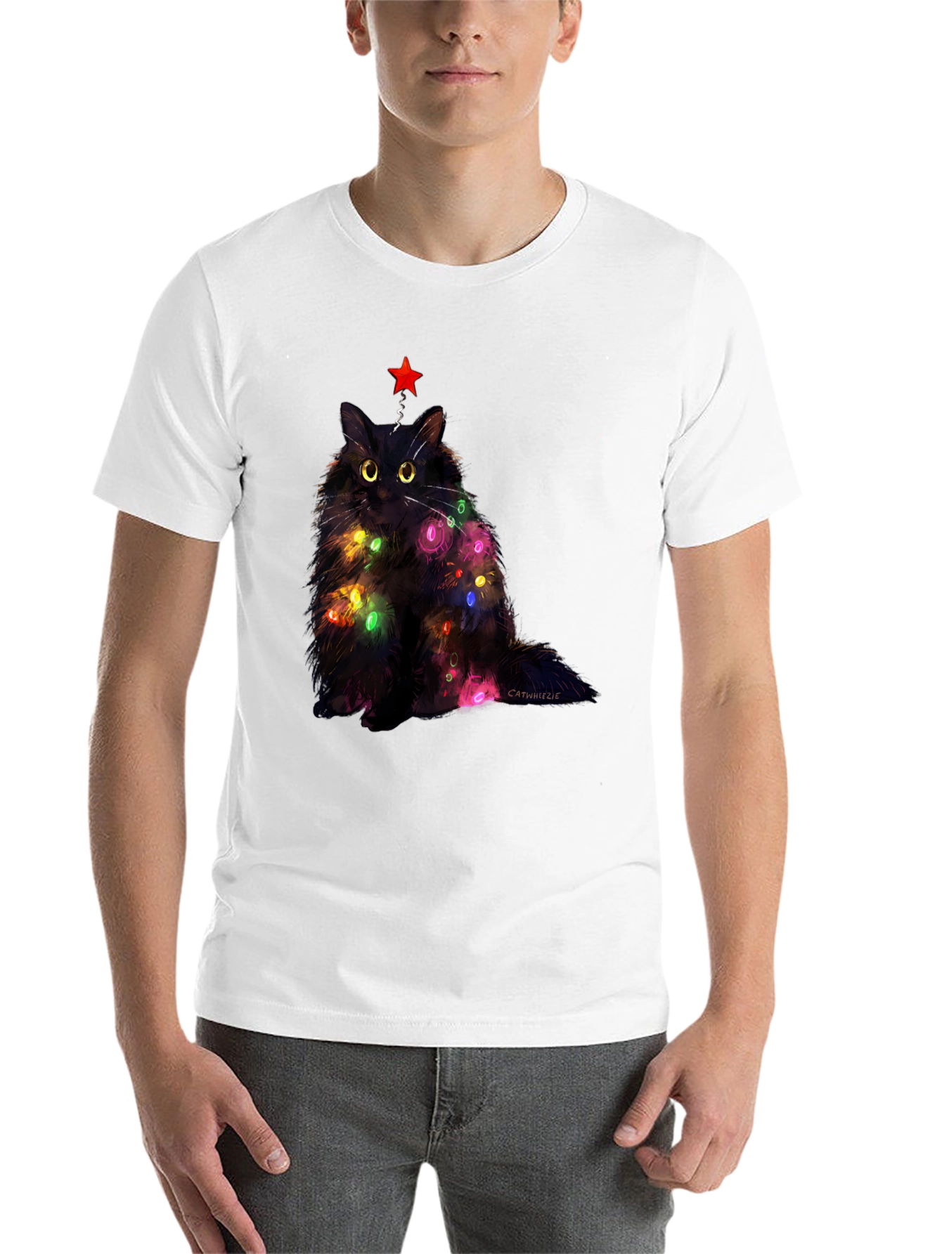 Black Festive Feline T-Shirt: Christmas Cat with Lights view 14