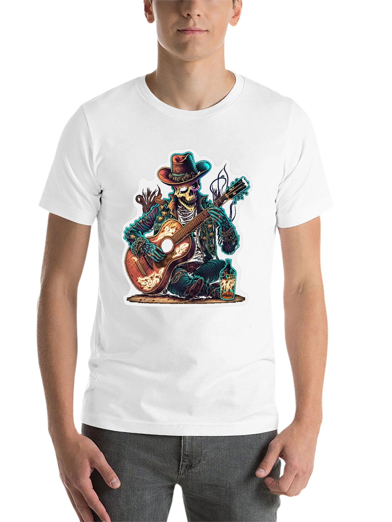 Black Skeleton Cowboy Guitarist Graphic Tee view 14