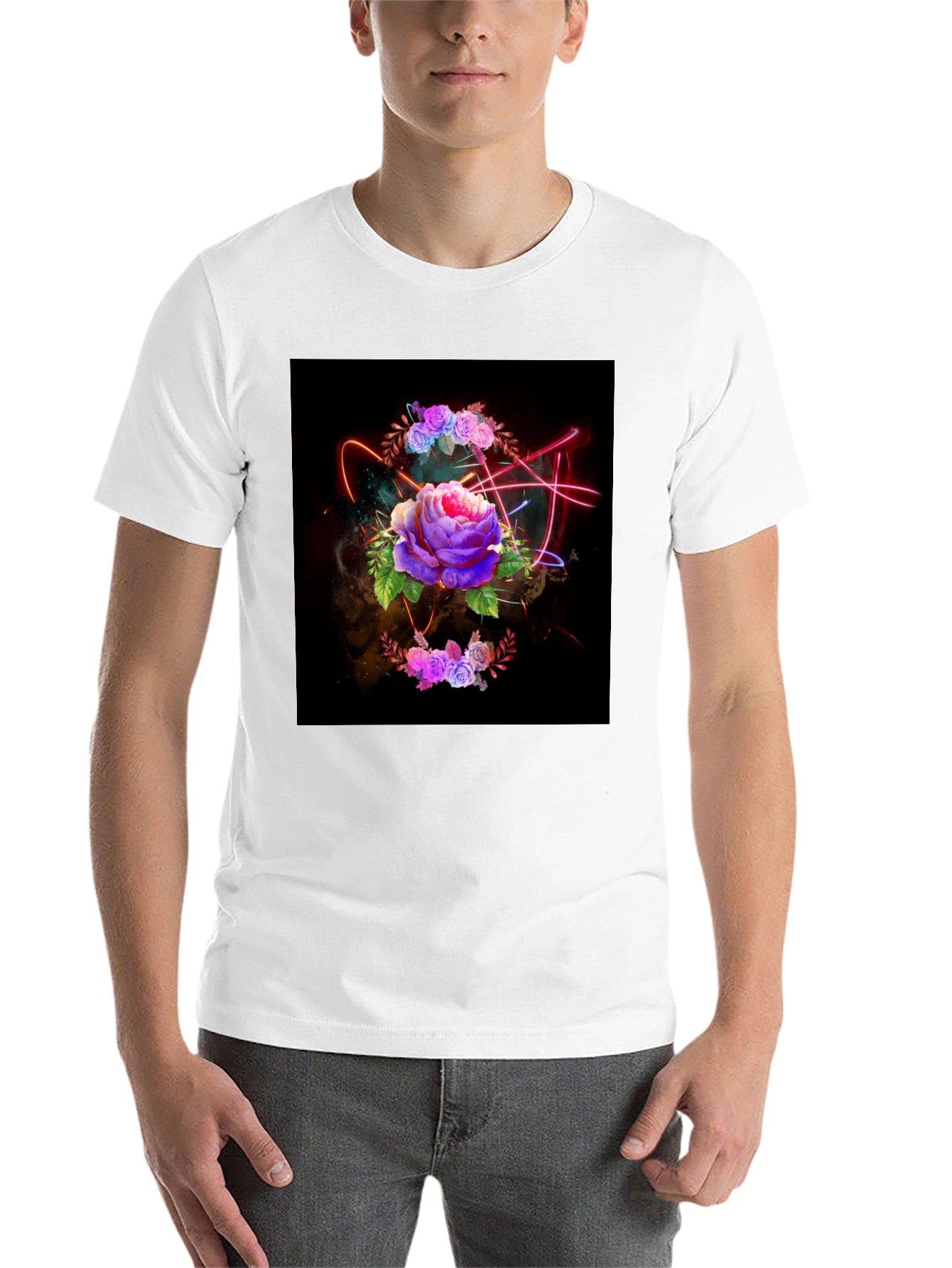 Black Floral Neon T-Shirt - Artistic Dark Design view 14