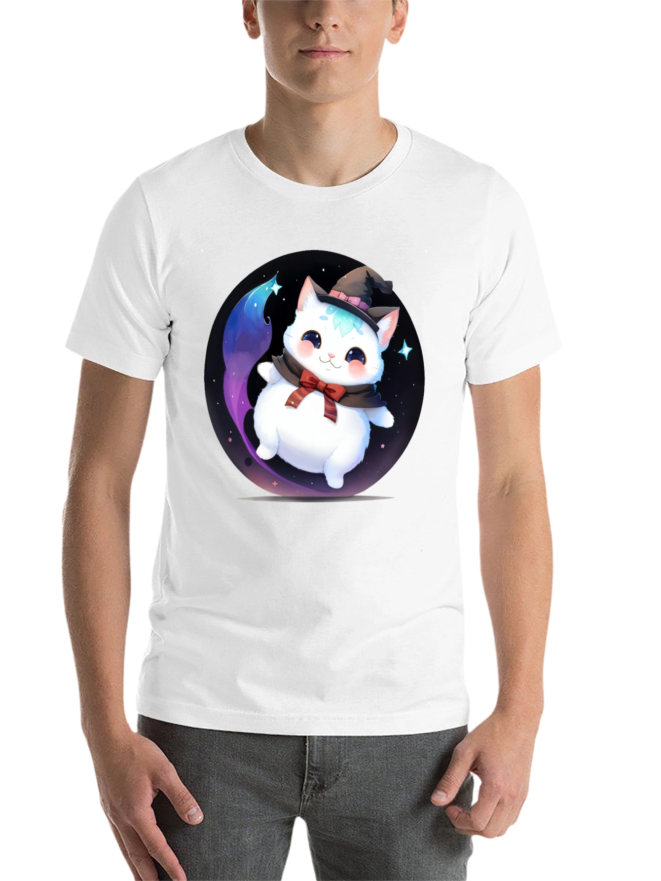 Black Cute Cat Wizard Graphic Tee - Soft Cotton Blend T-Shirt view 14