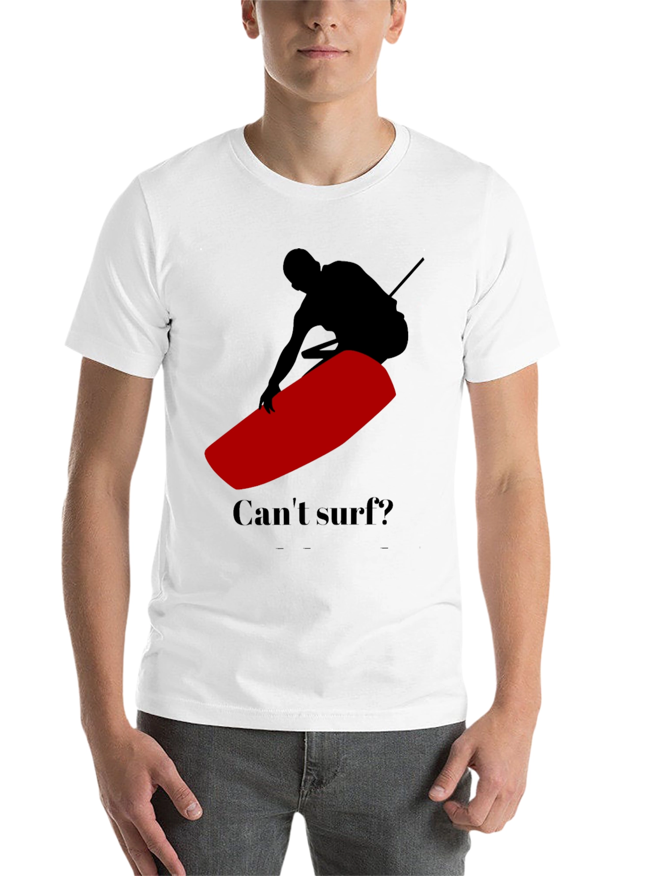Black Can't Surf Black T-Shirt with Red Surfboard Graphic view 14