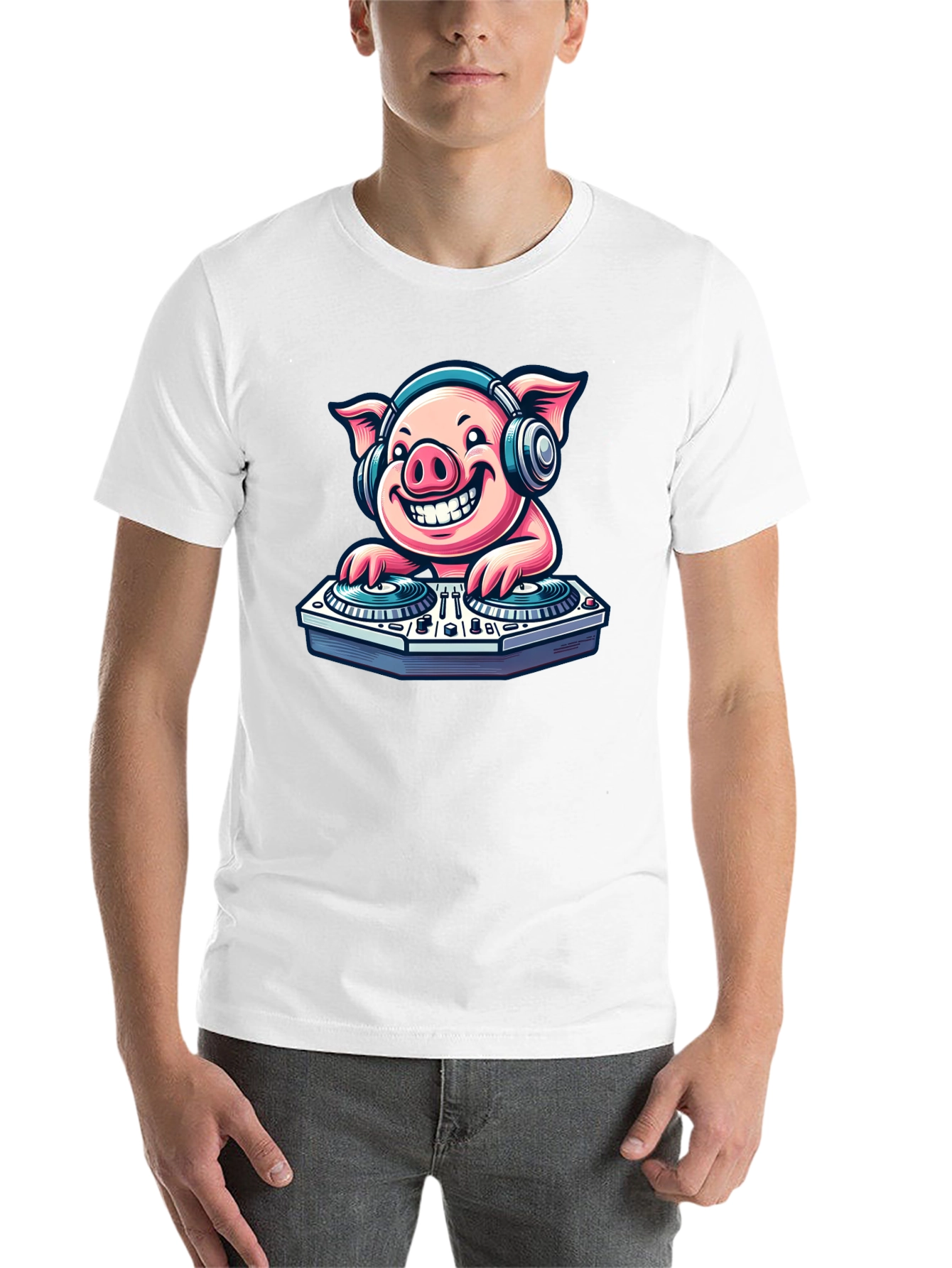 Black DJ Pig Graphic Tee - Cool Cartoon Pig T-Shirt view 14